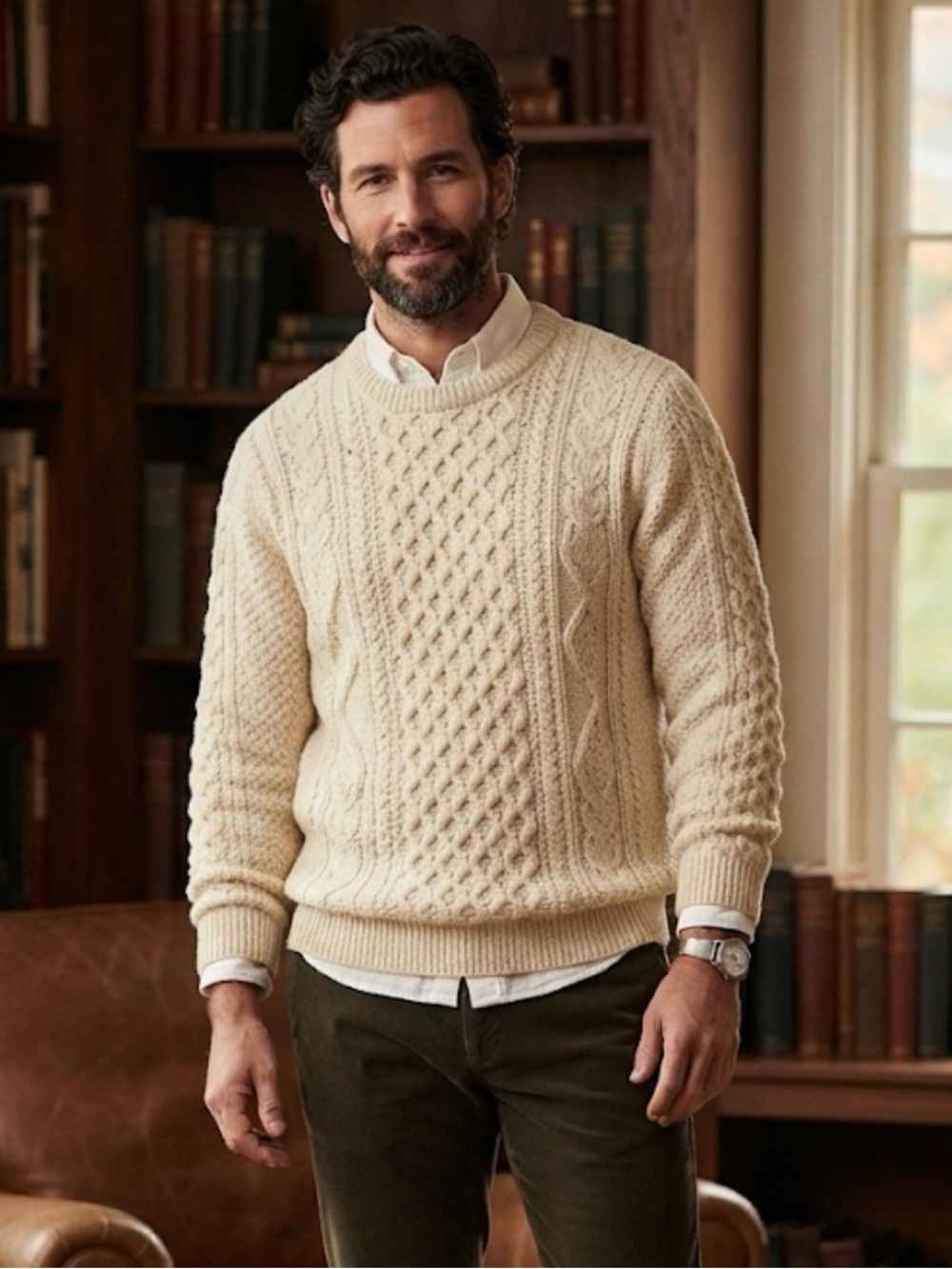 The Irish Store 100% Wool Aran Cable Knit Crewneck Sweater Cream Size L